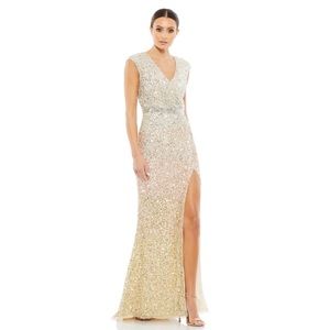 Mac Duggal CAP SLEEVE SEQUINED HIGH SLIT GOWN